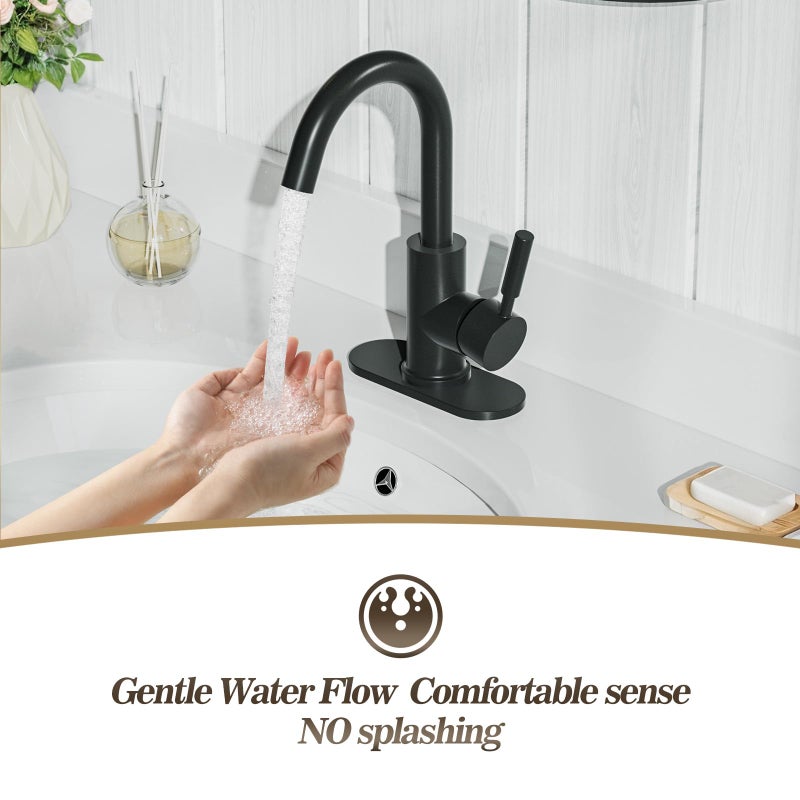 Phiestina Single Hole Matte Black Single-Handle High-Arc Stainless Steel Faucet for Pre-Kitchen Sink/Bar Sink/Bathroom Sink, with 4 Inch Deck Plate and Supply Hoses, Matte Black, WE08E-MB - Image 3